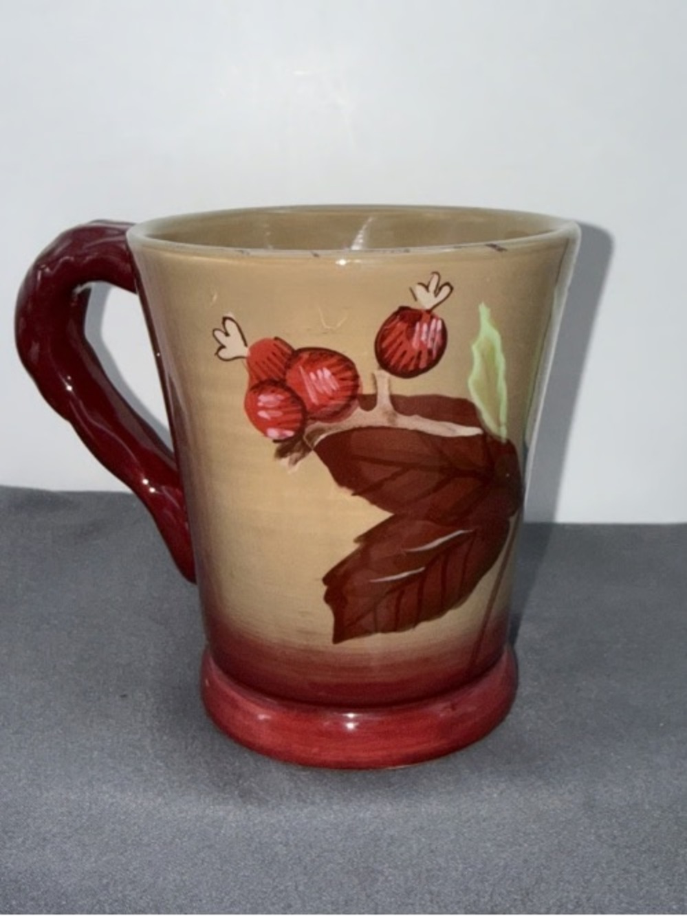 Hand-Painted Cream & Red Ceramic Mug with Berry Motif